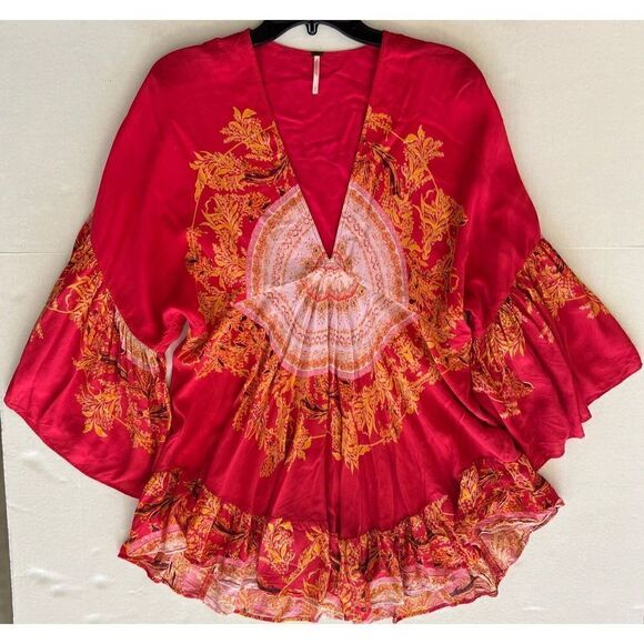 FREE PEOPLE Women Sz S Sunset Dreams Printed Red Tunic Ruffle Top - Picture 6 of 14